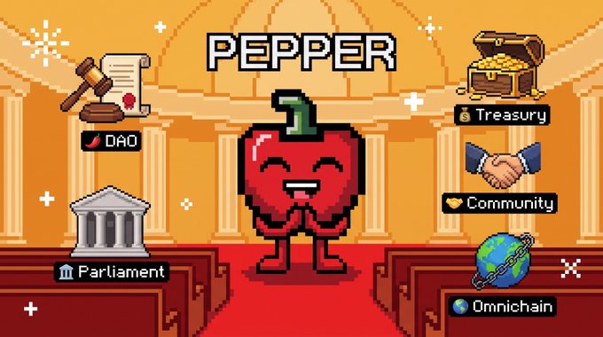 Pixel art infographic for 'PEPPER' token featuring a red pepper character in a courtroom setting, surrounded by icons labeled DAO, Parliament, Treasury, Community, and Omnichain.