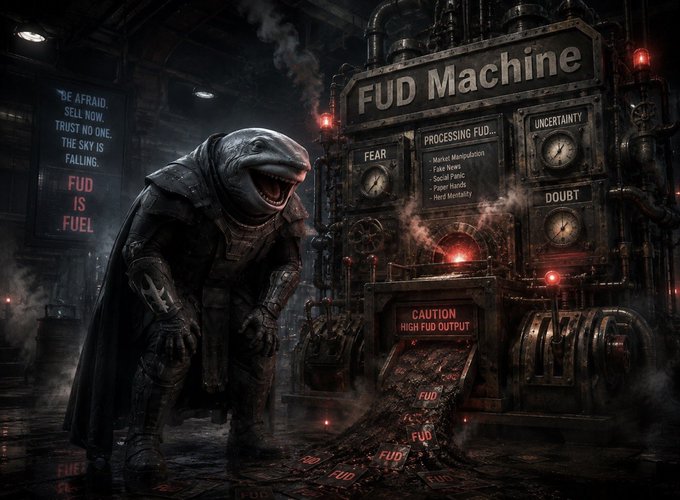 The image depicts a dark, industrial "FUD Machine" powered by a hooded reptilian figure, with visible gauges labeled "FEAR," "UNCERTAINTY," and "DOUBT," processing inputs like "Market Manipulation," "Fake News," and "Social Panic" into a stream of "FUD" output, alongside a sign reading "BE AFRAID, SELL NOW, TRUST NO ONE... THE SKY IS FALLING. FUD IS FUEL." The satirical illustration mocks the crypto community's tendency to label any criticism of wrapped BTC or other abstractions as "FUD," suggesting critics are merely "fuel" for a fear-machine rather than making legitimate technical distinctions.