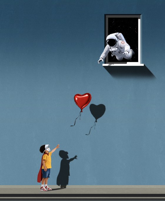The image features a young boy wearing a red cape, standing next to a window that has two balloons - one red heart-shaped balloon and another red balloon shaped like an airplane. The boy appears to be reaching out towards the balloons as if he is trying to catch them or interact with them in some way. The post about the boy's dream can be seen in the image, which suggests that this scene might have been created for a project related to the boy's aspirations and interests.

The background of the image consists of a blue wall, providing a contrasting backdrop to the balloons and the boy. This artistic choice adds depth and visual interest to the overall composition.