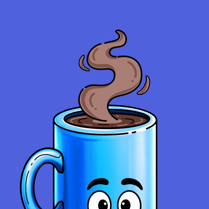A cartoon illustration of a blue anthropomorphic coffee mug with a face, featuring swirling brown steam rising from its contents against a solid blue background.