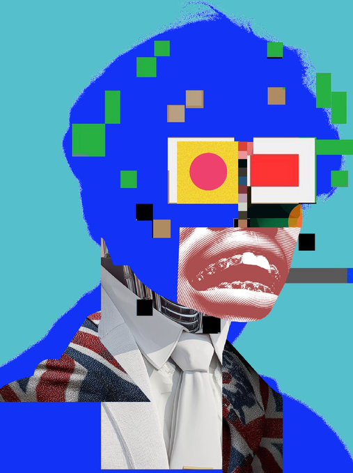 A pop-art style collage features a figure with a bright blue silhouette head, pixelated sunglasses displaying red, yellow, and white blocks, and an exposed mouth, set against a cyan background. The chaotic digital aesthetic visually echoes the post's discussion of an NFT project's points-based tracking system and community recognition.