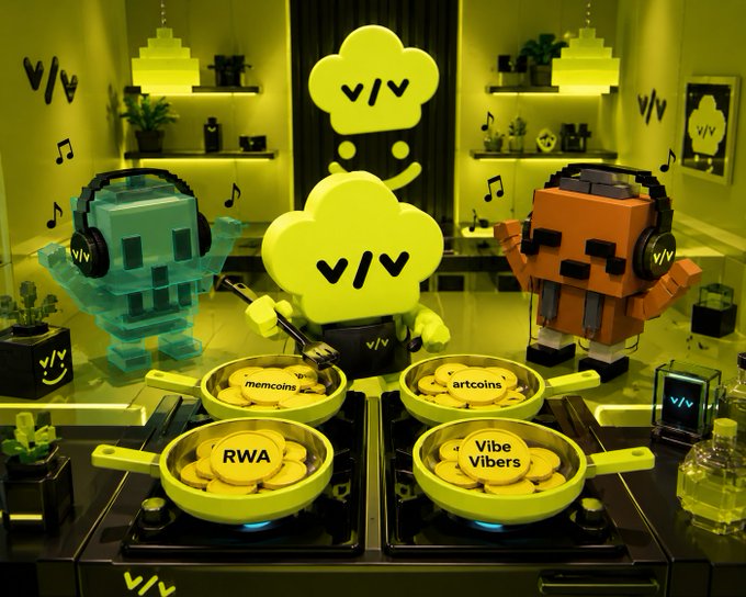 A vibrant yellow 3D-rendered scene featuring blocky characters with headphones around pans labeled "memcoins," "artcoins," "RWA," and "Vibe Vibers" on stoves, with "v/v" logos throughout.