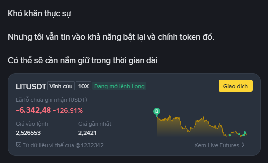 A Vietnamese Binance futures screen showing a LITUSDT 10X long position with unrealized P&L of -$6,342.48 (-126.91%) and text about holding long-term.