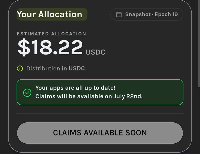 A digital wallet interface showing an estimated allocation of $18.22 USDC for Snapshot Epoch 19, with claims available on July 22nd.