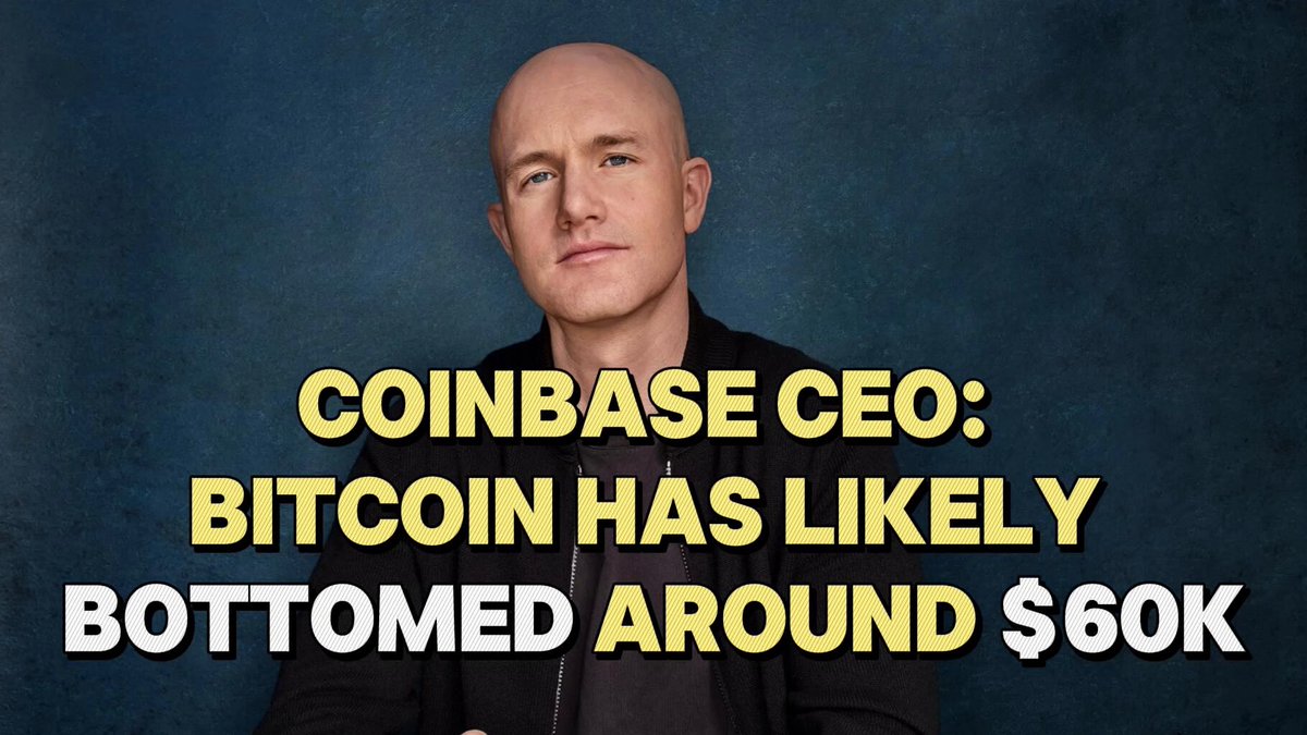 The image shows a man wearing a black shirt, balding, and standing up against a blue background with some text displayed on it below him. The main focus of this image is the quote "Coinbase CEO: Bitcoin Has Likely Bottomed Around $60K On June 11, 2016" which can be interpreted as an analysis or opinion about the recent performance of Bitcoin based on the market data and context provided by the image creator (Brian Armstrong).