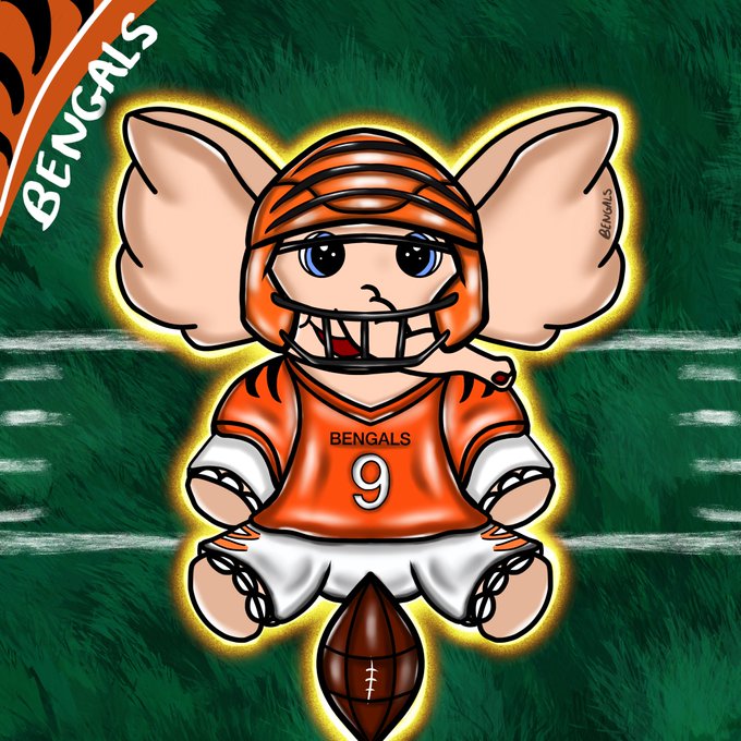 A cartoon elephant mascot wearing an orange Cincinnati Bengals football uniform with the number 9, sitting behind a football on a green field background, with 'BENGALS' text.