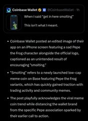 A screenshot of a tweet from Coinbase Wallet discussing a Pepe coin situation, containing text about 'Smootfing' and an official logo being captured as an unintended result of encouraging 'smootfing'.