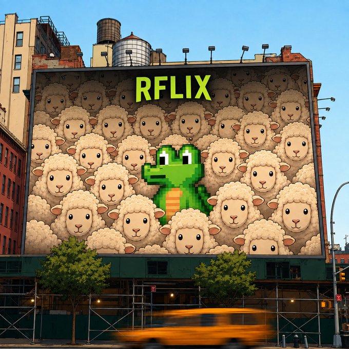A billboard displays "RFLIX" above a pixelated green alligator surrounded by a flock of cartoon sheep, suggesting a lone outlier in a conformist group. The image directly illustrates the post's narrative of a single entity standing out against a majority opinion.