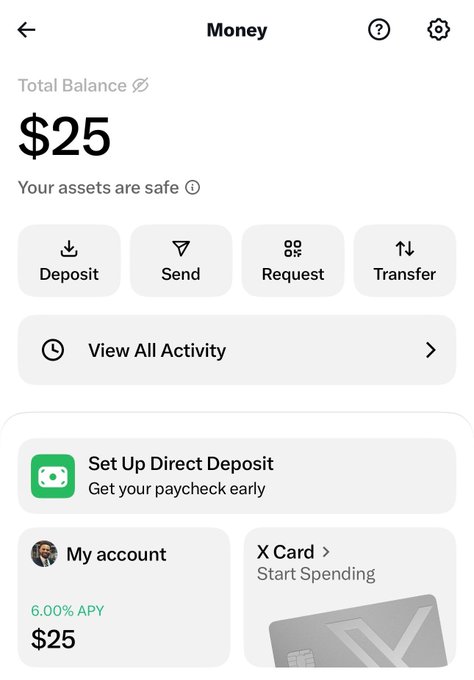 A mobile banking app screen showing a Money account with a Total Balance of $25, featuring Deposit, Send, Request, and Transfer buttons, along with options to Set Up Direct Deposit and view an X Card.