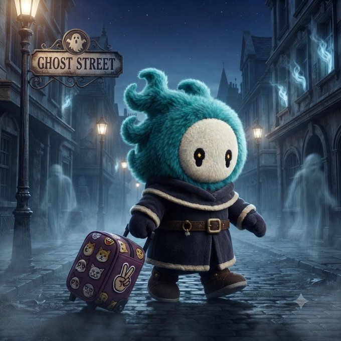 A plush, ghost-like figure with teal hair and a dark coat stands on a cobblestone street holding a sticker-covered suitcase, with a "GHOST STREET" sign visible in the foggy, haunted town background.