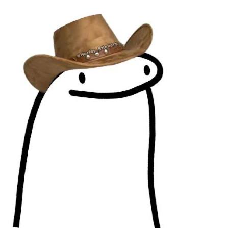 A simple white cartoon figure with a smile wears a brown cowboy hat featuring a decorative band, referencing the "new pfp" (profile picture) mentioned in the post about friends in the crypto space.