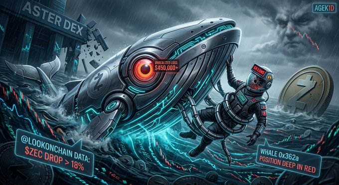 A dramatic sci-fi digital illustration showing a large robotic whale emerging from stormy seas, featuring an astronaut diver and text including "ASTER DEX," "UNDERWATER LOGIC $450,000+," "@LOOKONCHAIN DATA: $ZEC DROP > 18%," and "WHALE 0X362a POSITION DEEP IN RED."