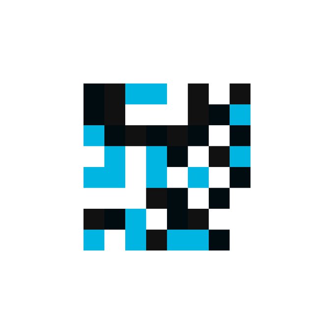 The image displays a pixelated design composed of cyan and black squares arranged in an abstract pattern, with no text or characters visible. The blocky, retro-style artwork complements the post's message about Meebits holders by suggesting a digital or NFT-related aesthetic, likely representing a Meebit-style avatar in pixel form to emphasize the brand's commitment to its community.