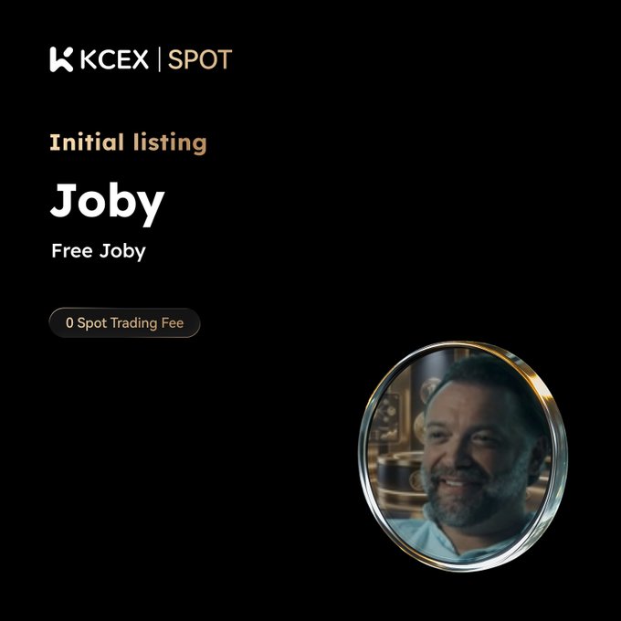 A promotional graphic for KCEX SPOT announcing the initial listing of the token 'Joby' (Free Joby) with 0 spot trading fees, featuring a man's face in a circular frame.
