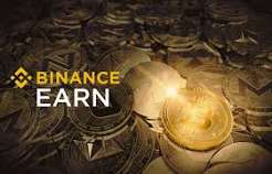 The image features the "Binance Earn" logo overlaid on a background of stacked gold coins, symbolizing the concept of crypto assets generating earnings. It visually reinforces the post's theme of crypto earnings products as a way to make money work for you, rather than simply holding assets.