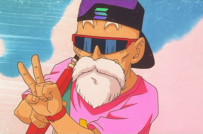 An animated illustration of a character with a white beard, red-framed sunglasses, and a purple cap making a peace sign against a blue and pink sky.
