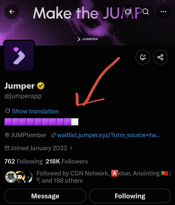 A Twitter/X profile screenshot for Jumper (@jumperapp) with 218K followers, featuring a red arrow pointing to the username.