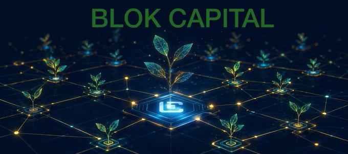 A digital banner displays 'BLOK CAPITAL' in green text above a network of glowing nodes, each supporting a small green plant, with a central hexagonal node marked 'LC'.