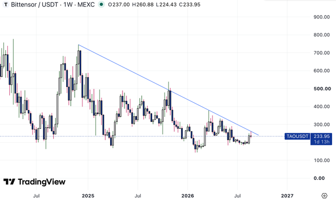 A TradingView weekly chart of T Bittensor / USDT on MEXC shows a downward trend line with price around 233.95, displaying OHLC values of O237.00 H260.88 L224.43 C233.95.