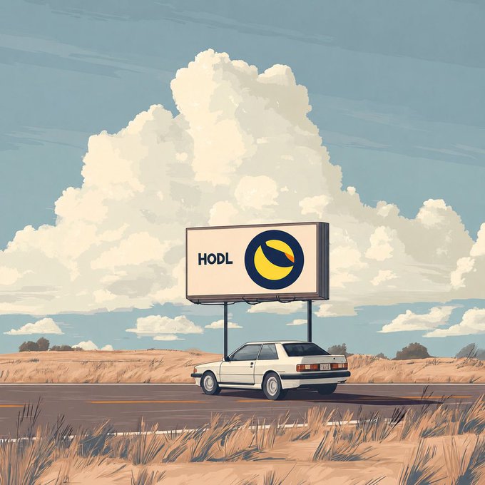 A vintage white sedan drives along a desert highway beneath a billboard reading "HODL" with a yellow and blue emblem, set against a backdrop of towering cumulus clouds in a stylized, retro-illustrated landscape. The scene's lonely road trip aesthetic reinforces the "HODL" message associated with the $LUNC cryptocurrency, evoking themes of long-term holding and perseverance.