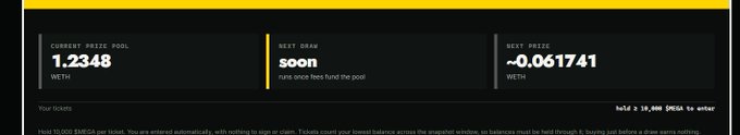 A screenshot of a prediction market interface displaying "CURRENT PRIZE POOL 1.2348 WETH", "NEXT DRAW soon", and "NEXT PRIZE ~0.061741 WETH", with a ticket purchase notice at the bottom.