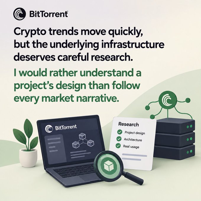 A BitTorrent branded graphic stating 'Crypto trends move quickly, but the underlying infrastructure deserves careful research. I would rather understand a project's design than follow every market narrative,' featuring illustrations of a laptop, research checklist, and servers.