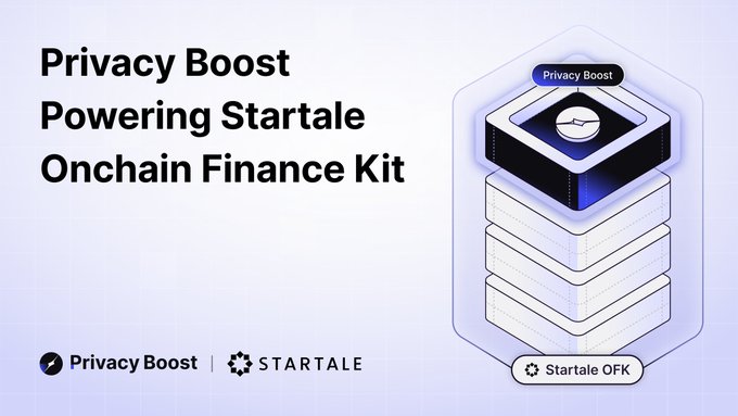 A promotional graphic reading 'Privacy Boost Powering Startale Onchain Finance Kit' with logos for Privacy Boost and Startale, featuring a 3D stacked server icon labeled 'Startale OFK'.