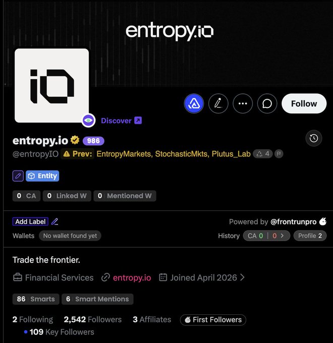 A social media profile page for entropy.io (@entropyIO) displayed in dark mode, showing the handle, bio 'Trade the frontier.', and stats including 2,542 Followers and a Join date of April 2026.