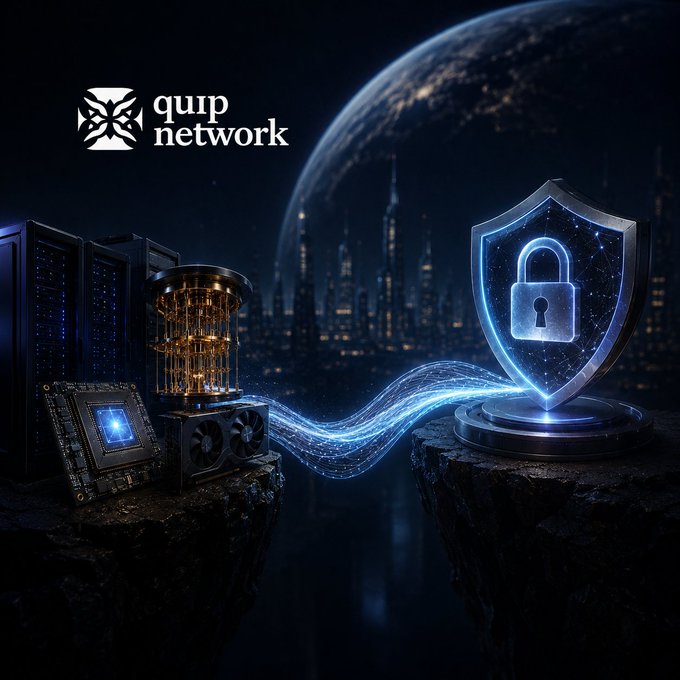 A promotional graphic for 'quip network' featuring a quantum computer and server hardware connected by glowing energy streams to a digital padlock shield, set against a futuristic cityscape with Earth in the background.