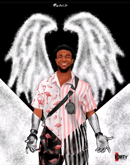 Digital artwork featuring a smiling young man with white angel wings, metallic hands, and a pink and white flamingo-patterned shirt, signed 'PEACE' at the top with a 'UNITY' logo in the bottom right.