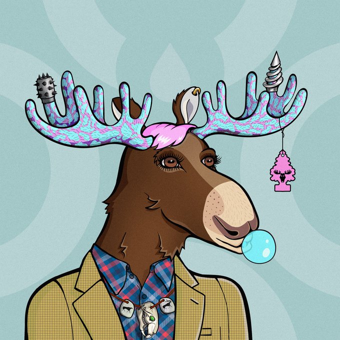 A whimsical cartoon illustration of a brown moose dressed in a yellow jacket and plaid shirt, sporting teal and pink patterned antlers decorated with various ornaments, while blowing a blue bubblegum bubble.