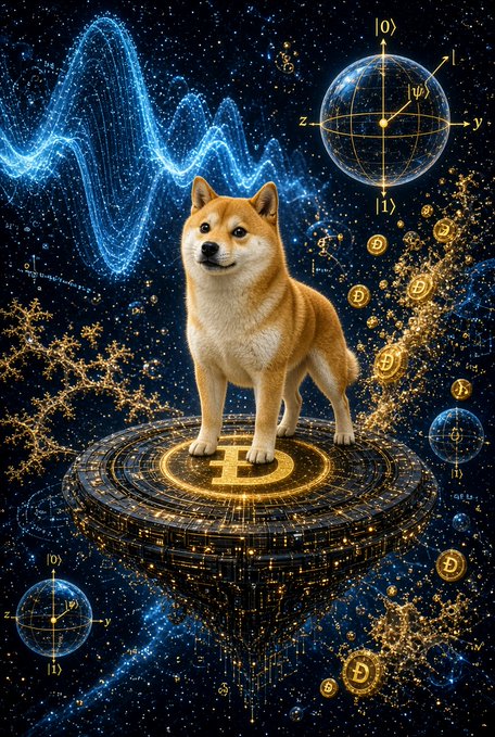 A Shiba Inu dog stands on a glowing golden Bitcoin symbol platform, with quantum mechanics diagrams (Bloch sphere with |0⟩ and |1⟩ states) and floating Dogecoin symbols surrounding it against a cosmic blue background.