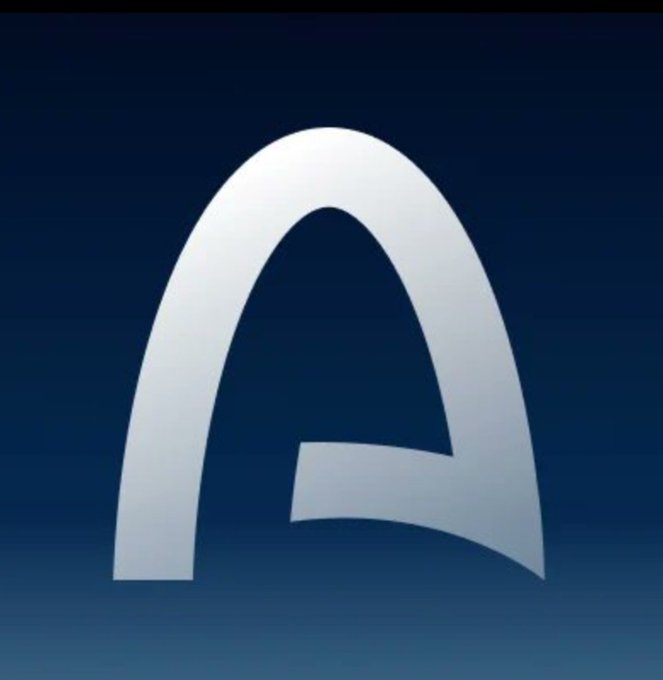 A stylized silver letter 'A' logo on a dark blue background, likely representing a cryptocurrency or brand.