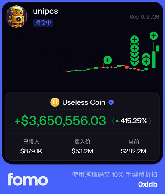 A dark-themed cryptocurrency portfolio dashboard showing 'unipcs' holding 'Useless Coin' with a profit of +$3,650,556.03 (415.25%), featuring a candlestick chart and 'fomo' branding with code '0x1db'.
