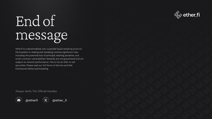 The image features a black background with white text that reads "End of message" at the top, followed by an explanation about Liquid RWA and Ether.fi Cash. The text also mentions that users can earn rewards for their stables through Cash on ether.fi/app/cash/earn/ and access the vault to find out more details.