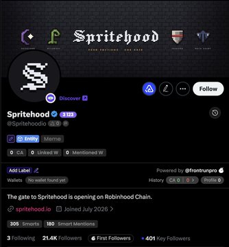 A screenshot of the Spritehood Twitter/X profile displays a gothic-style banner reading "Spritehood" with "Your Feelings Are Safe," alongside a pixelated "S" logo and stats showing 305 smart mentions and 21.4K followers. The accompanying post highlights Spritehood as a new NFT project with a 44,444 supply, founder credibility from Pudgy Penguins/Robinhood ties, and rapid 10K mint success, teasing bullish momentum for the brand.