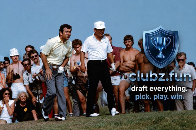 Two golfers walk through a crowd of spectators on a grassy course, with a 'clubz.fun' logo and the text 'draft everything. pick. play. win.' overlaid on the right.