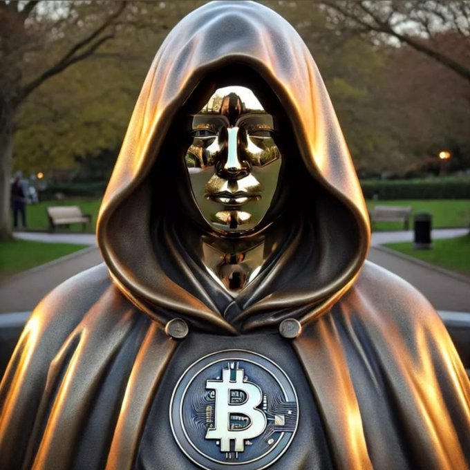 A hooded, bronze-faced figure resembling the Bitcoin "Satoshi" statue wears a cloak emblazoned with the iconic Bitcoin "₿" emblem, standing stoically in a park setting. The image visually reinforces the post's message by depicting Bitcoin as an almost mystical, all-powerful entity capable of curing one's sadness.