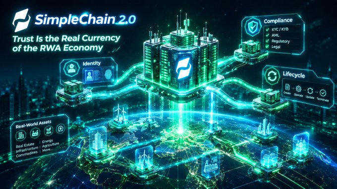 A futuristic digital graphic advertises 'SimpleChain 2.0' with the tagline 'Trust Is the Real Currency of the RWA Economy,' featuring interconnected glowing nodes representing Identity, Compliance, Lifecycle, and Real-World Assets.
