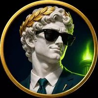 A circular medallion-style illustration shows a classical marble bust wearing modern black sunglasses, a tie, and a gold laurel wreath crown, with a green glowing candle against a dark background.