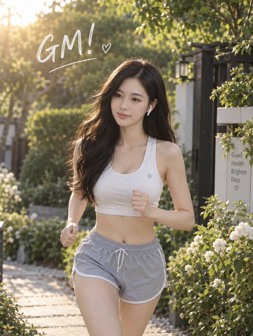 A young woman with long black hair wearing a white sports bra and gray shorts, jogging outdoors in a garden setting with 'GM!' (Good Morning) written in the corner.