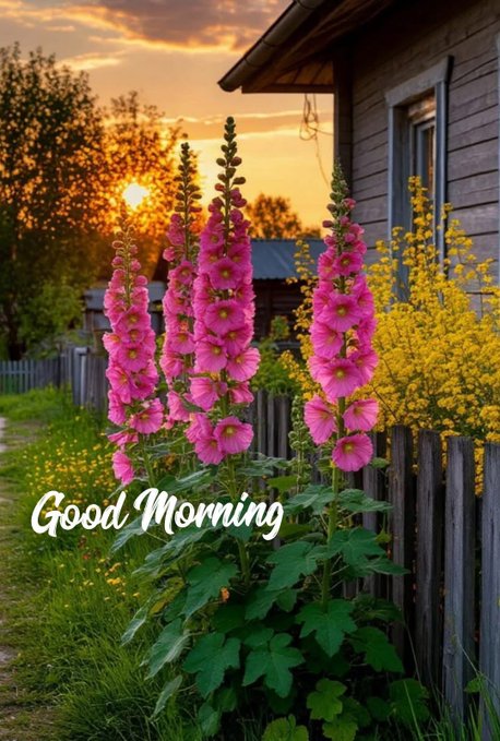 A greeting image featuring tall pink hollyhock flowers by a wooden fence at sunset, with the text 'Good Morning' overlaid.