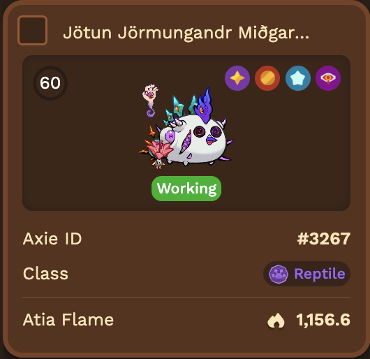 An Axie Infinity game card showing a level 60 Reptile-class Axie named 'Jötun Jörmungandr Miðgarðr' (#3267) with 1,156.6 Atia Flame, currently 'Working'.