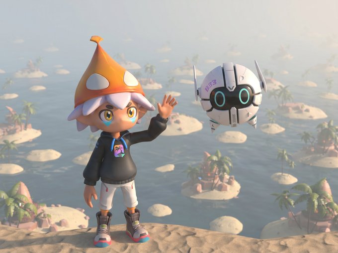 An animated cartoon character with an orange pointed hat and a small white robotic companion hover over a vast ocean scattered with small islands, capturing the adventurous tone of the caption teasing 90,000 islands and something new ahead.