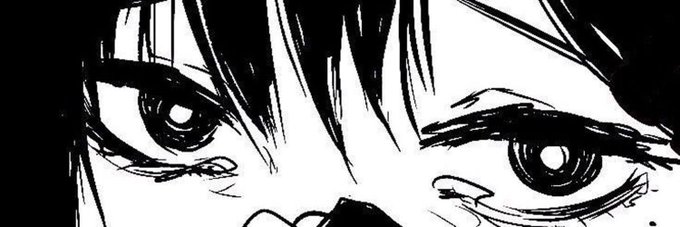 A black-and-white manga-style close-up illustration focuses on a character's intense, detailed eyes and surrounding hair.