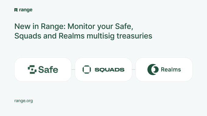 A promotional graphic for Range announces new multisig treasury monitoring for Safe, Squads, and Realms, displayed with their respective logos.