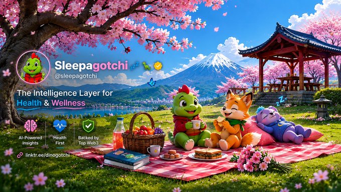 A promotional image for 'Sleepagotchi,' an AI-Powered Intelligence Layer for Health & Wellness, featuring cartoon characters having a picnic with Mt. Fuji and a pagoda in the background, tagged '@sleepagotchi' with link 'linktr.ee/dinogotchi'.