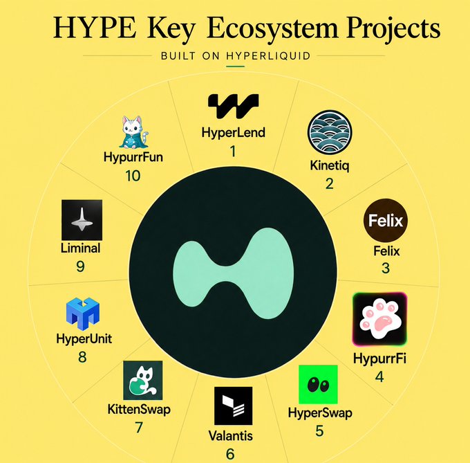 The image, titled "HYPE Key Ecosystem Projects Built on Hyperliquid," displays a circular diagram featuring the Hyperliquid logo at the center, surrounded by 10 numbered ecosystem projects: HyperLend (1), Kineticq (2), Felix (3), HypurrFi (4), HyperSwap (5), Valantis (6), KittenSwap (7), HyperUnit (8), Liminal (9), and HypurrFun (10).

This visual supports the post's thesis that $HYPE is emerging as the next major ecosystem to produce multiple winning projects, similar to how ETH spawned Uniswap, Aave, and Lido, and how SOL gave rise to Jupiter, Jito, and Pump.fun.