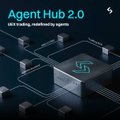 A promotional graphic for 'Agent Hub 2.0' from OKX, featuring dark technology-themed imagery with interconnected nodes.