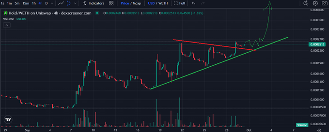 A cryptocurrency trading chart on DexScreener showing the HoldWETH/WETH pair with a price of 0.000513 USD, displaying a green ascending trendline and red descending trendline forming a pennant/flag pattern.